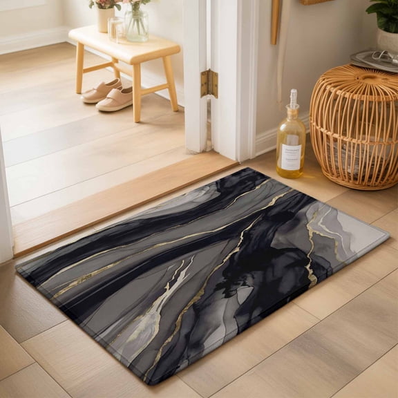 Entryway Rug 2'x3', Black Grey Marble Kitchen Runner Rugs Non-Slip Carpet Mats, Modern Ink Painting Abstract Art Bedside Rugs Runners Washable Floor Carpet for Bathroom Laundry Room