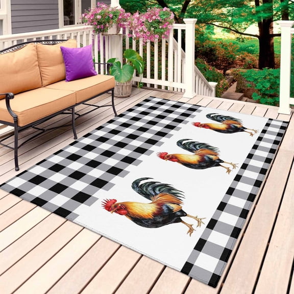 Black White Plaid Rooster Outdoor Rug for Patio/Deck/Porch, Non-Slip Large Area Rug 4 x 6 Ft, Vintage Farmhouse Checkered Indoor Outdoor Rugs Washable Area Rugs, Reversible Camping Rug Carpet Runner