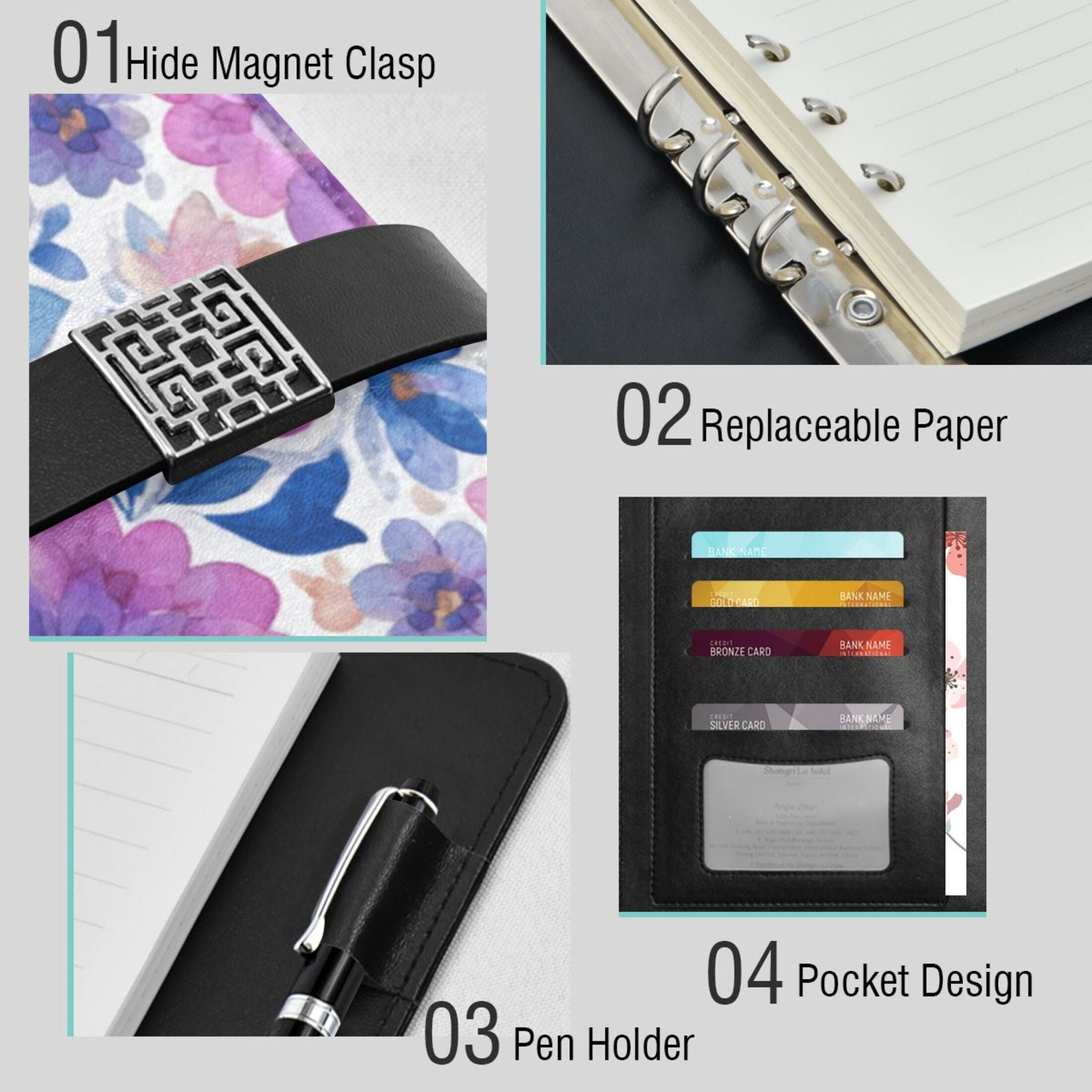 Leather Planner Leather Notebook Notebook Journal Binder Design Pen Pocket Design Convenient for Storage Purple Watercolor Leaves