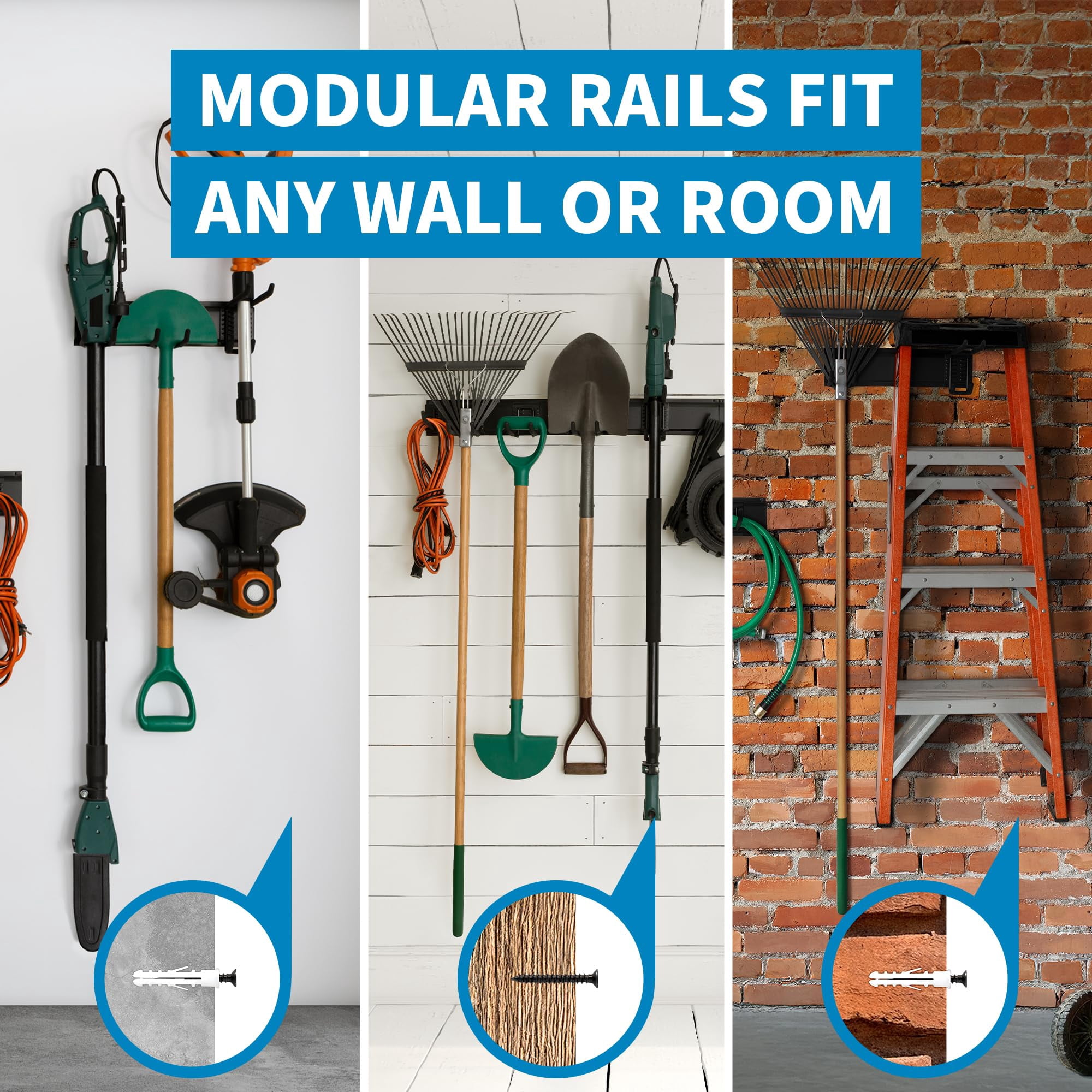 Precision Defined Garage Organizer Wall Mount (48 Inches), Heavy-Duty Tool Racks and Tool Hanger for Shovel and Rake, Garden Organizer with Hangers for Garage Organization, Metal Hanging Rack