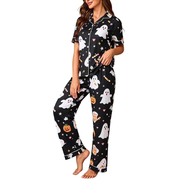 BOOMNY Halloween Womens Pajama Sets 2 Peice Pjs Set for Women Hallowmas Pumpkin Ghost Graphic Long Sleeve Buttons Sleepwear Tops Pants Cozy Homewear Loungewear Sets