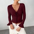 thumbnail image 2 of TKLPEHG Womens Blouses Dressy V-Neck Short Slim Drawstring Knit Top Lightweight Fall Tops Solid Color Comfy Long Sleeve T Shirt Fashion Casual Blouses Pullover (Wine,M), 2 of 5