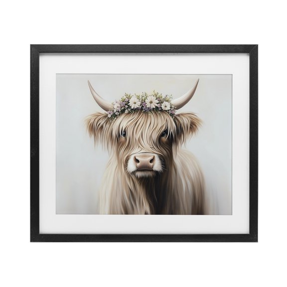 Stupell Industries Farmhouse Shaggy Cattle Floral Crown Black Framed Print Under Glass, 21 x 17, by Shawna Stewart