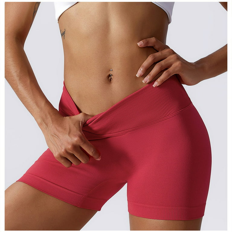 Hanas Pants Women's Stretch High Waist Running Gym Shorts Yoga Pants Solid  Color Sports Elastic Waist Shorts Red/M 