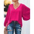 thumbnail image 2 of Blusa de manga larga para mujer Camisas con cuello en V Blusas de manga de obispo sueltas casuales de color puro, 2 of 7