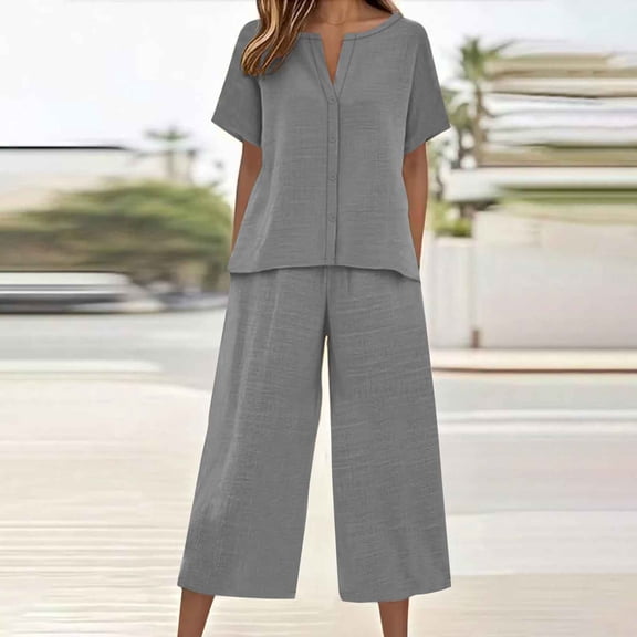 gbyLJF Linen Sets for Women Short Sleeve 2 Piece Vacation Beach Travel Outfits Casual Summer Trendy Clothes Sets 2026