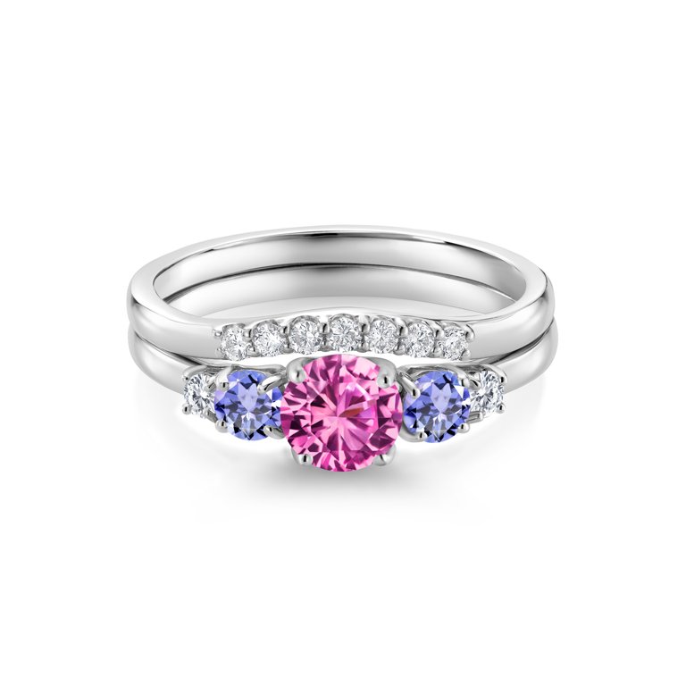 10K White Gold Pink Created Sapphire Blue Tanzanite and