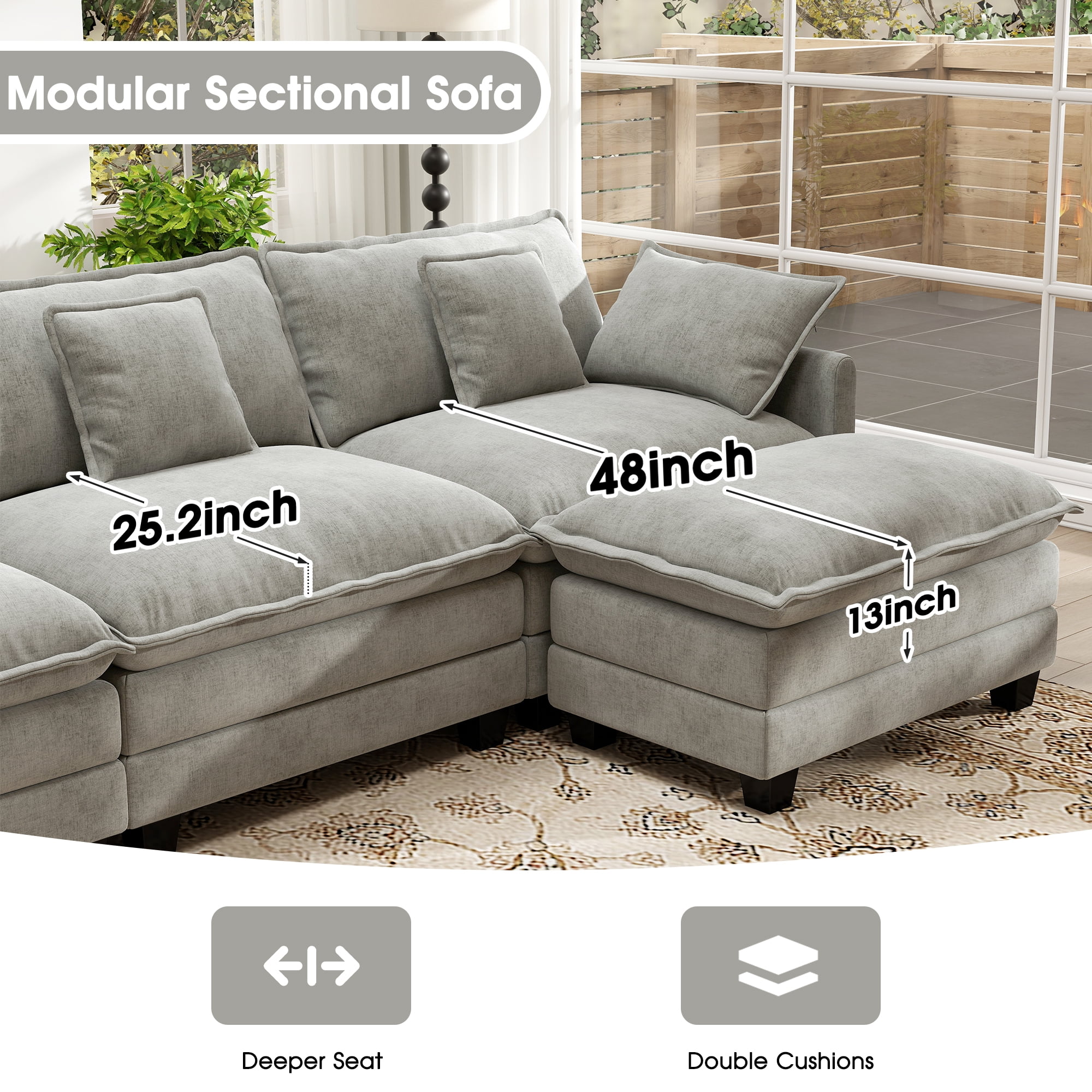 BedLuxury 146.5'' U shape Modular Sectional Sofa with Movable Ottomans, Modern Chenille Deep Seat Couches for Living Room, Apartment, Office, 4-Seat, Grey