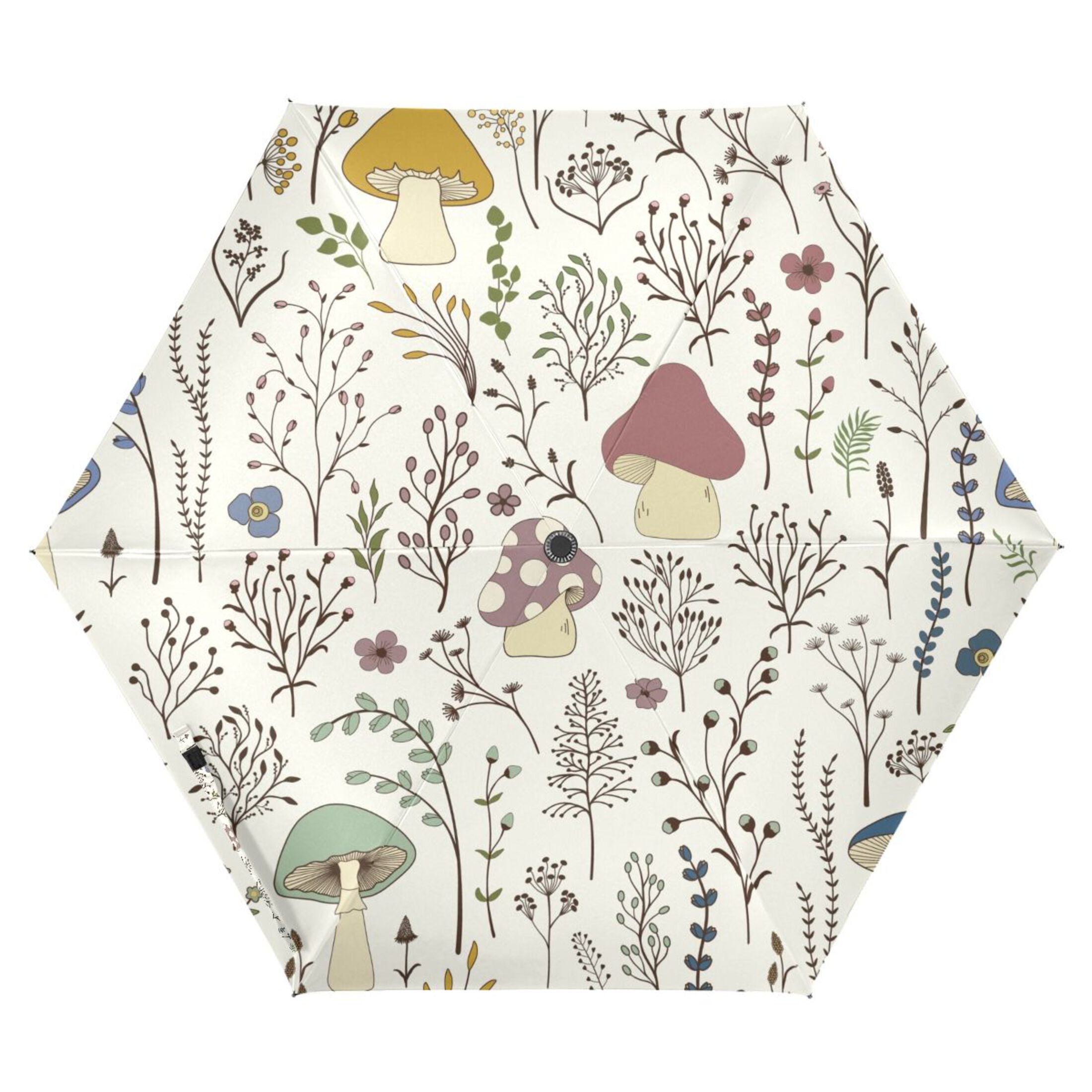 Mushrooms and Floral Compact Folding Umbrella for Rain Windproof Travel Umbrella UPF 50+ Lightweight Packable Arc Size
