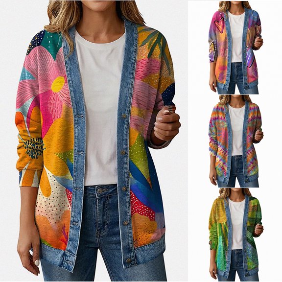 Zefriona Womens Printed Long Sleeve Jacket Casual Button Down Lightweight Layering Jean Coat Multicolor Size L