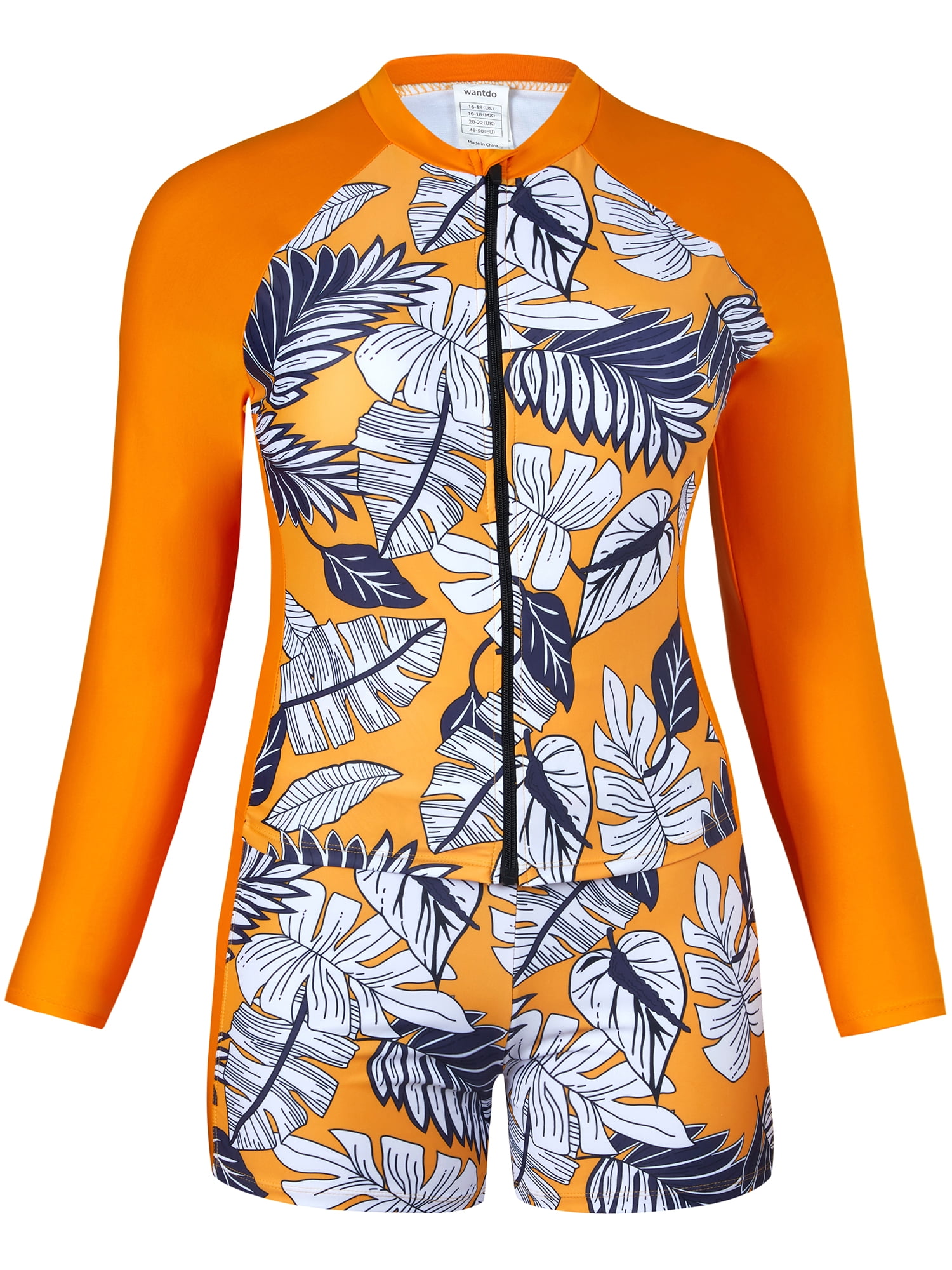 Wantdo Women's Plus Size Rashguard Long Sleeve Swimsuits Two Piece Bathing Suit Yellow Leaf 18/