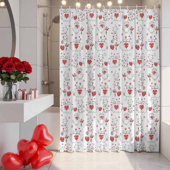 Valentine's Day Shower Curtain, 72" x 72", Cartoon White Couple Cats Red Love Cute Waterproof Bathroom Curtain Washable Shower Curtain Set with 12 Hooks