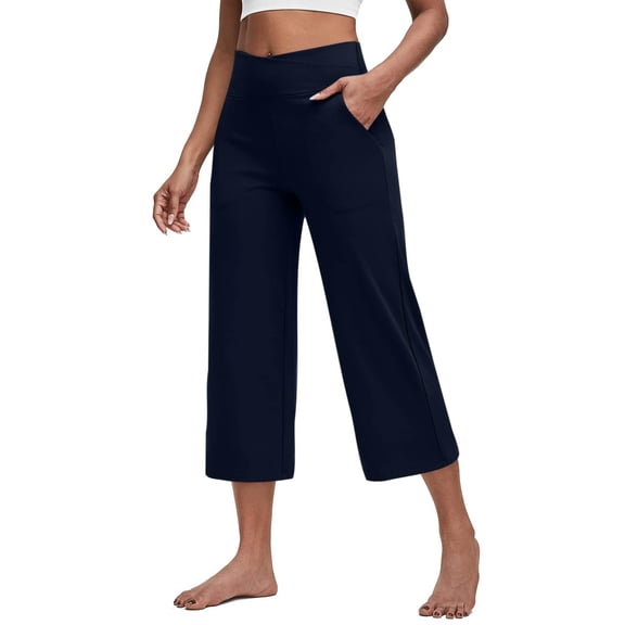 Capri Pants for Women Wide Leg Yoga Cropped Pants with Pockets Loose Casual Summer Pant Navy XL