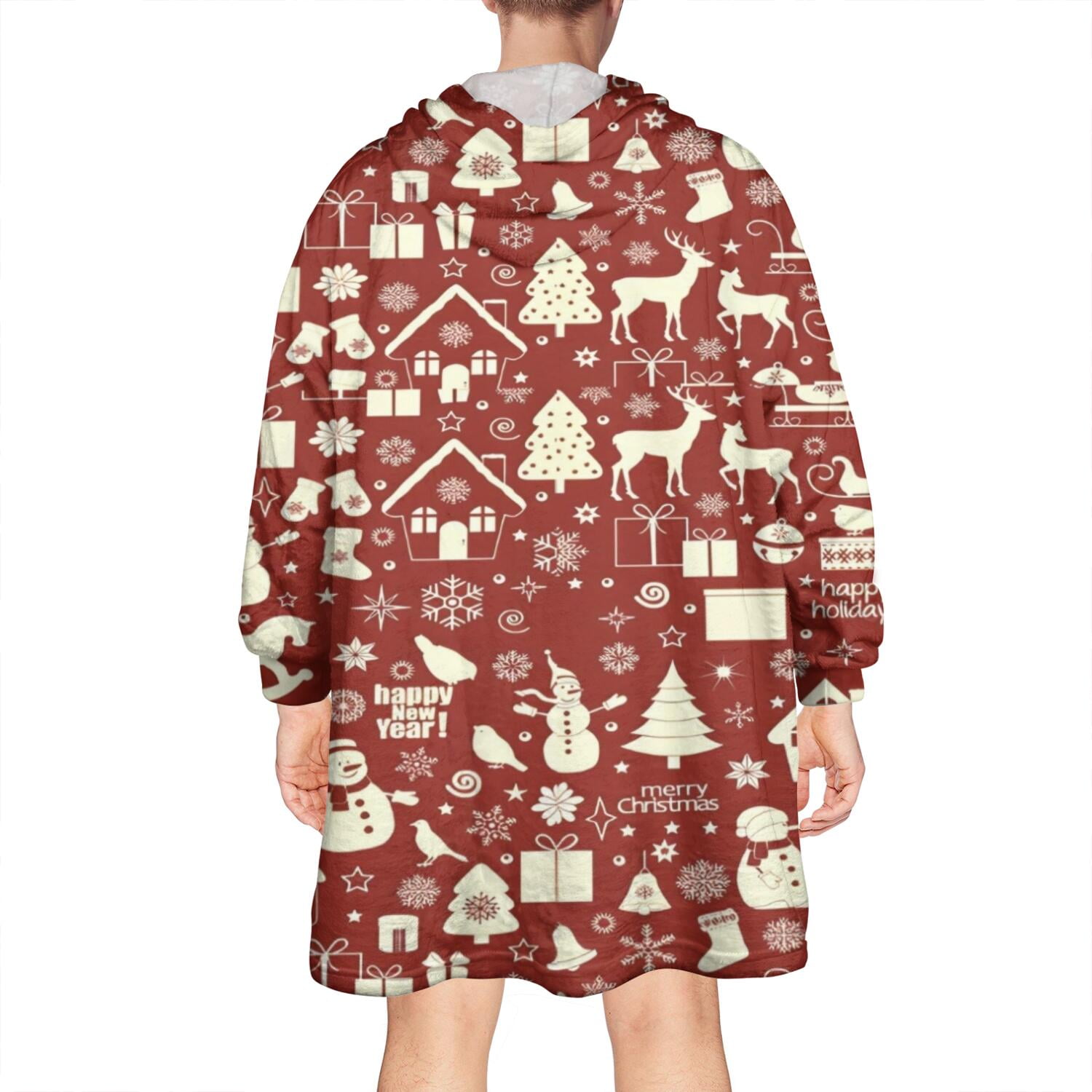 Wearable Oversized Blanket,Red Christmas Icon Pattern Wearable Blanket Hoodie for Adults,Cozy Hooded Blankets with Super Pockets,Super Warm Fuzzy Pullover for Women & Men
