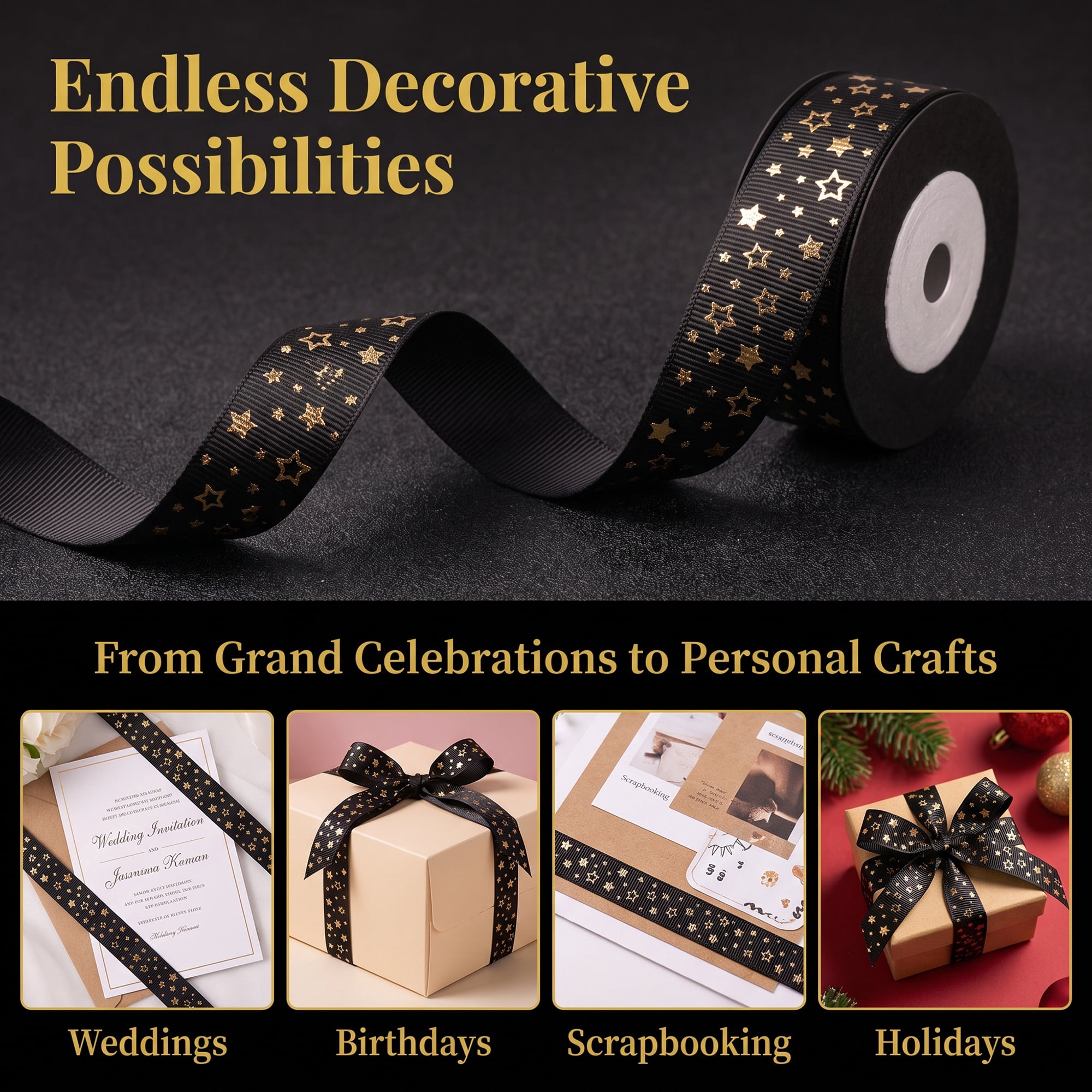 Unique Bargains Elegant Star Pattern Fabric Ribbon for Creative Presentations Black