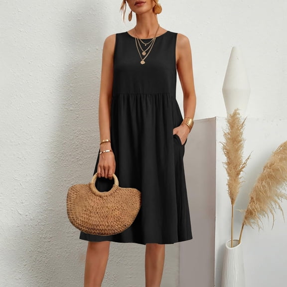 ClodeEU Women's Sleeveless Crew Neck Flowy Swing Dress,Casual Loose Fit Tunic Midi Dress with Pockets Black,Women's Plus L