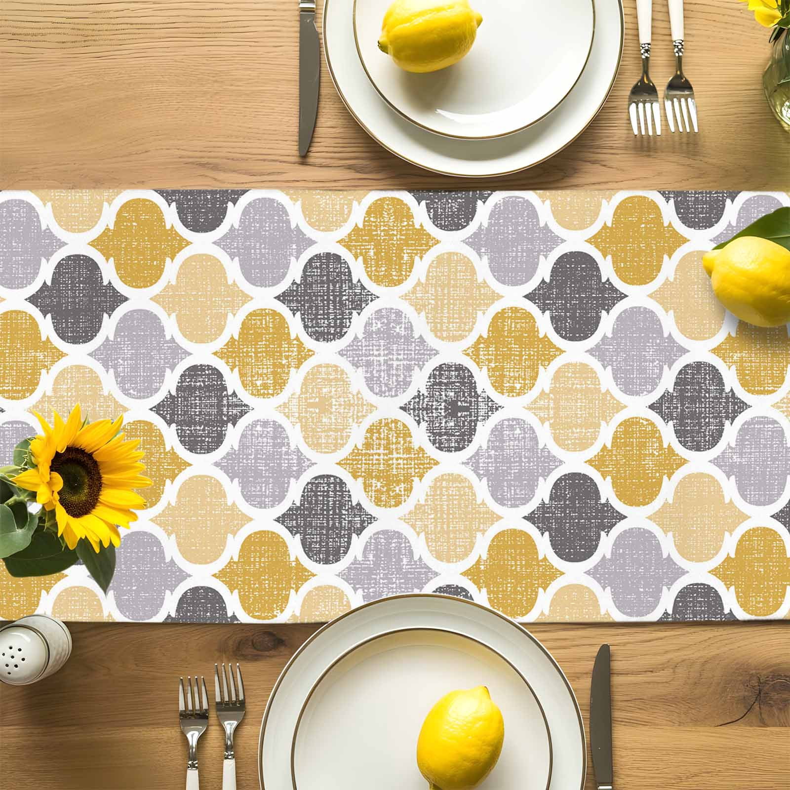 Yellow Grey Retro Moroccan Pattern Table Runner 90 Inches Long, Abstract Geometric Art Table Runners Tabletop Scarf Kitchen Dining Tables Decoration for Home Party Indoor Outdoor