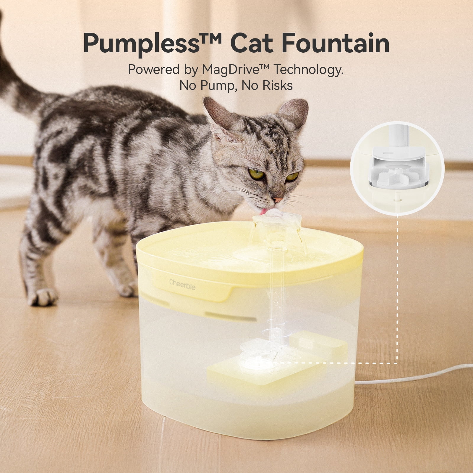 Cheerble Elfin E1 Lite Pumpless Plastic Pet Water Fountain with Filter, 2 L, Butter Yellow