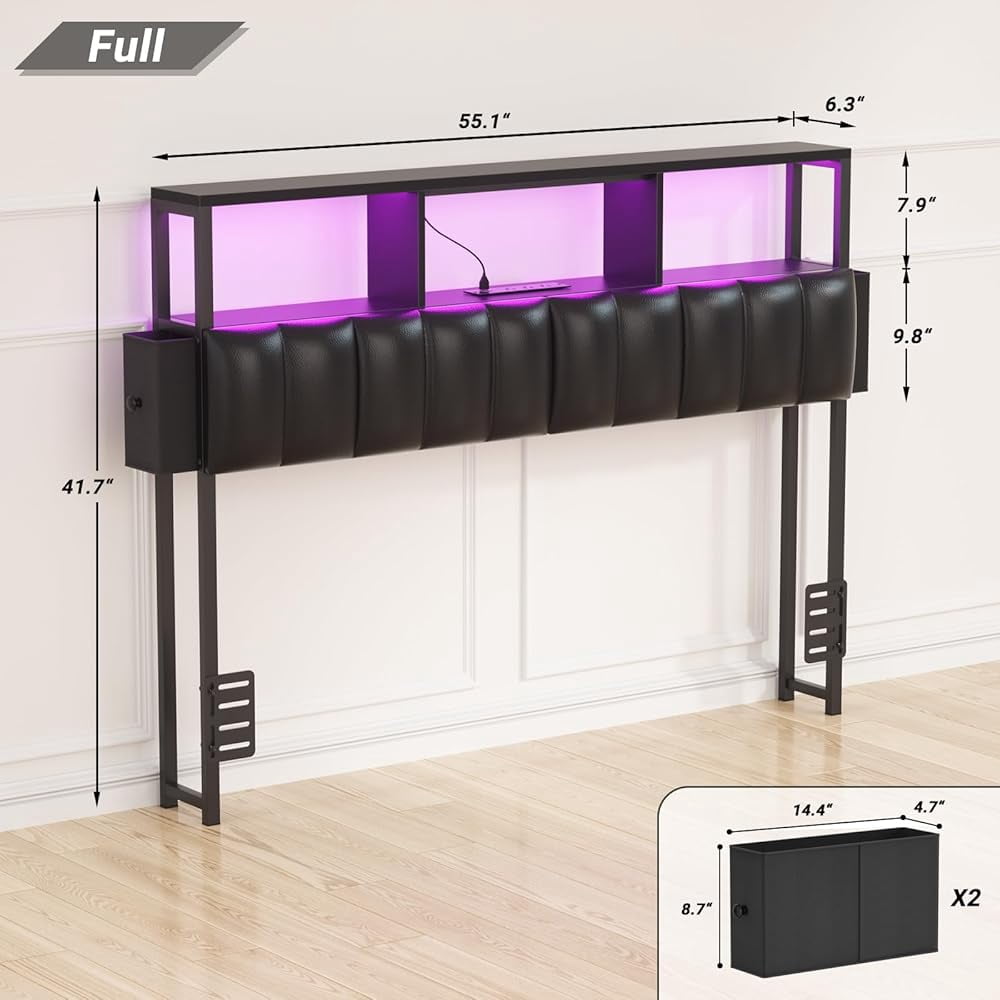 iSunirm Upholstered Twin Headboard with Hidden Drawer Storage, Full Size Bed Headboard with Power Outlet and LED Light, Free Standable, Sturdy and Stable Meta Frame, Noisy Free, Black