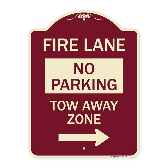 SignMission Designer Series Sign - Fire Lane Tow-Away Zone with Right Arrow | Burgundy 18" x 24" Heavy-Gauge Aluminum Architectural Sign | Protect Your Business & Municipality | Made in