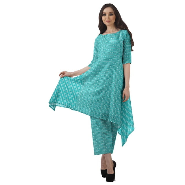 Moomaya Ensemble Kurti Kurta Pantalon pour Femmes Col Bateau Imprimé Robe 2 Pcs Tenue Ethnique