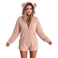 thumbnail image 3 of Women Winter Fuzzy Hooded Jumpsuit Cute Bear Ear Zip Up One Piece Outfit Warm Casual for Commute Loungewear, 3 of 7