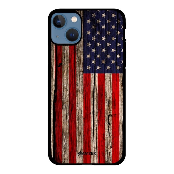 iPhone 13 Case AMZER Slim Fit Hybrid Designer Anti Scratch ShockProof Protection Case for iPhone 13 - USA Flag - Wooden Texture (6.1 Inch)