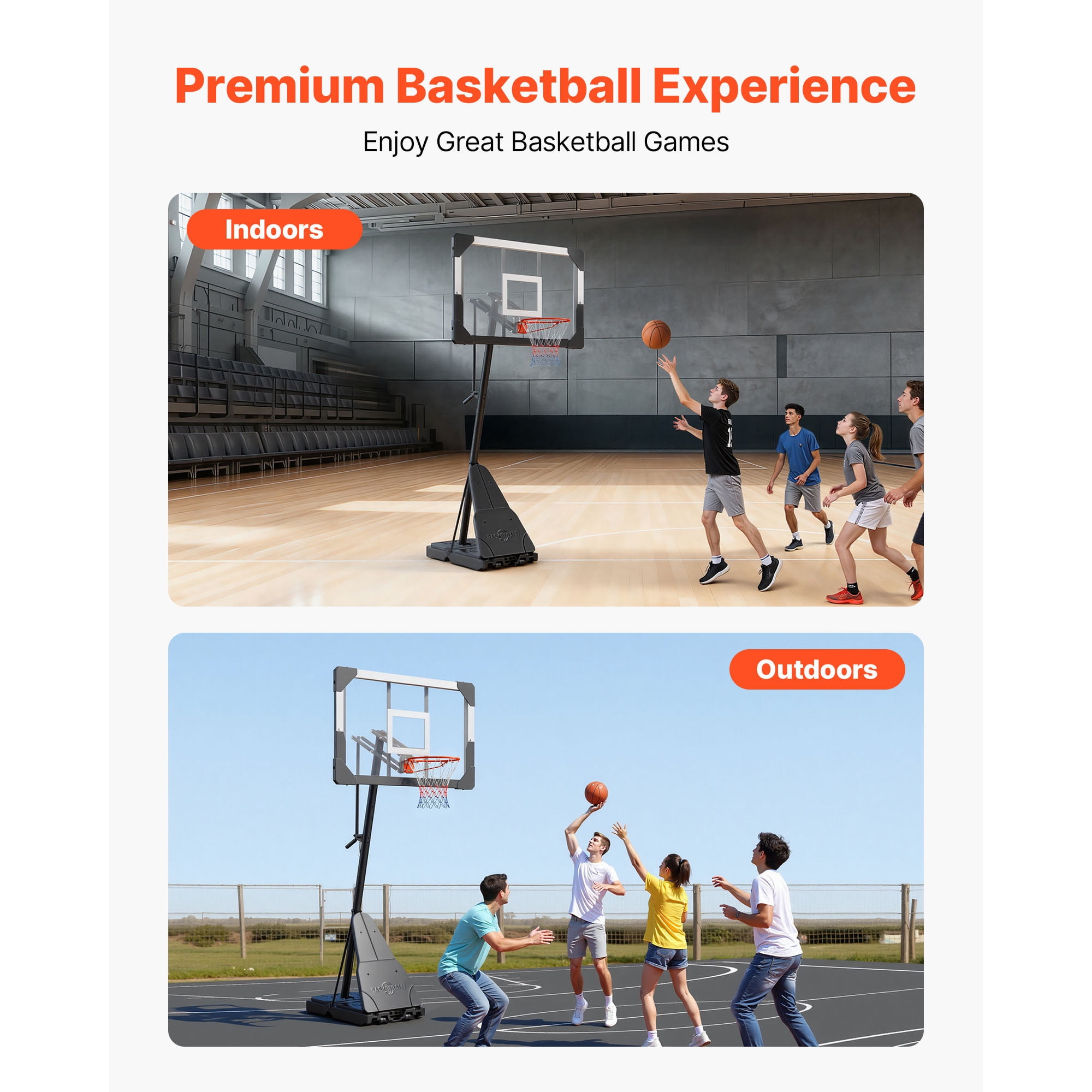 KFFKFF Portable Basketball Hoop with Adjustable Height (8.04 to 10 ft), 44-Inch PC Backboard for Indoor and Outdoor Play, Suitable for Kids and Adults in Schools, Parks, and Home Settings
