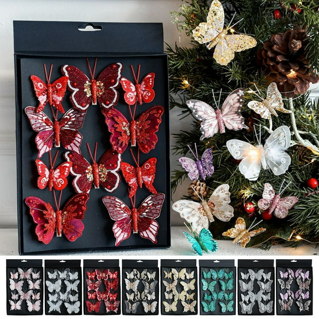 Adornos Navideños de Mariposas de Colores | Colgante con Clip de Simulación de Hueco Brillante | Decoración Navideña | Paquete de 10 | 95 % Poliéster, 5 % Elastano | Transparente | 68 G | 28 X 18,5 X
