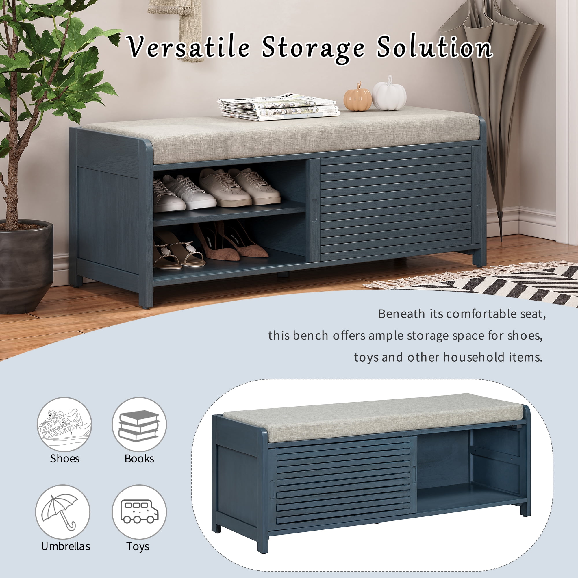 MAYEERTY Shoe Bench with Storage and Cushion, Distressed Shutter Storage Bench with Retro Charm for Living Room, Entryway, Navy