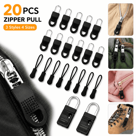 20 Pcs Zipper Pull, Universal Zipper Pull Replacement, Broken Replacement Zippers Pull , (3 Styles 4 Sizes) Black Zippers Pull Handle for Jackets, Luggage, Backpacks, Purses, Boots, Pants, Tents