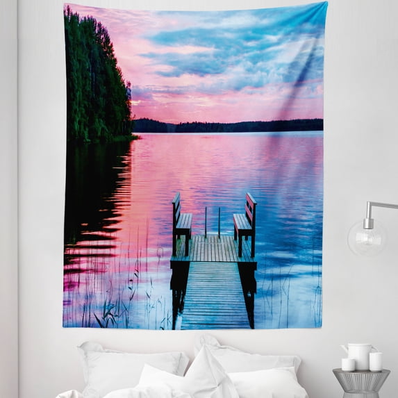 Rustic Tapestry, Wooden Benches on a Pier Romantic Sunset over the Lake Spruce Forest, Fabric Wall Hanging Decor for Bedroom Living Room Dorm, 5 Sizes, Pale Pink Blue and Emerald, by Ambesonne