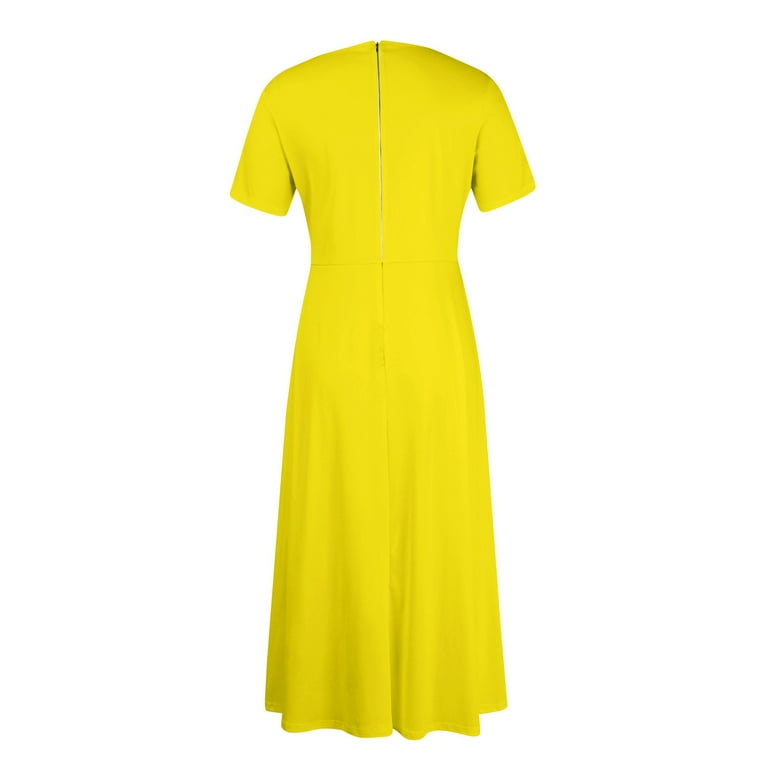 plus size yellow t shirt dress Huresd Plus Size Dresses For Women Crew Neck Short Sleeve Lace up Flowy Swing Pocket T Shirt Dress Solid Color Summer Dresses Yellow 4XL