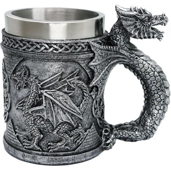 alikiki Medieval GOT Dragon Mug - Dragons Coffee Mug Gifts for Men - 15.8 OZ Stainless Drinking Cup Beer Steins Dragon Themed Party Decoration