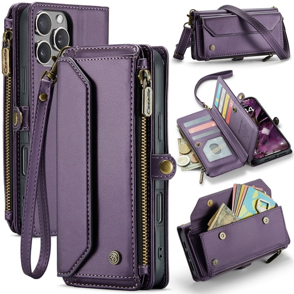 For iPhone 16 Pro Max Crossbody Wallet Case, with 10 Card Slots, Zipper RFID Blocking Pocket and Magnetic Flip Folio 3-in-1 PU Leather Wristlet Shoulder Strap Case,Purple
