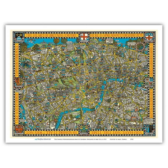 The Famous Wonderground Map of London Town England - Underground Railways - Vintage Pictorial Map by MacDonald (Max) Gill c.1915 - Master Art Print (Unframed) 9in x 12in