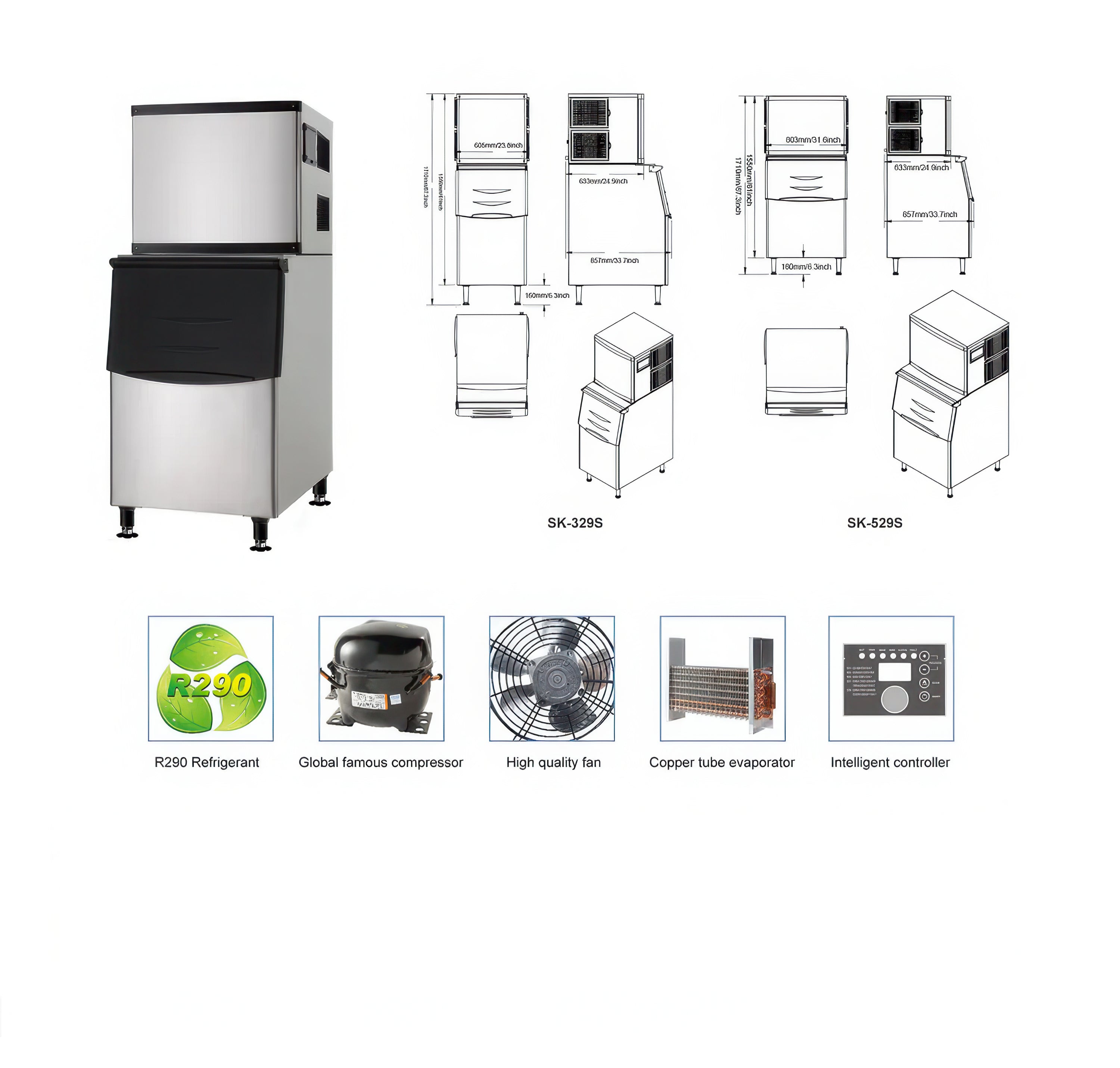 DURING D-SK-329 Commercial Ice Machine, Full Cube Ice Maker Machine 350 lbs Ice with 308lbs Storage Capacity