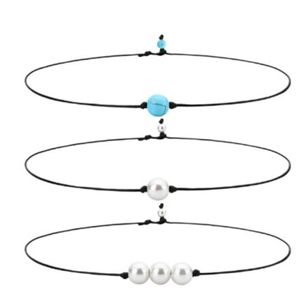 KABOER 3 Pack Of Single Pearl Choker Necklace On Genuine Leather Cord And Single Turquoise Lava Stone Choker Necklace For Women Handmade Choker Jewelry Gift