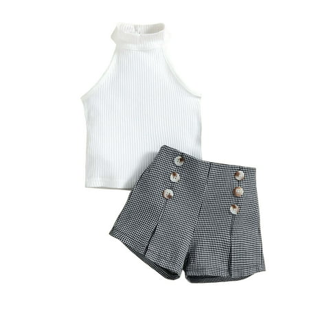 

Baby Summer Clothes Toddler Girls Vest Check Belted Shorts Two-piece Set Clothing Outfits