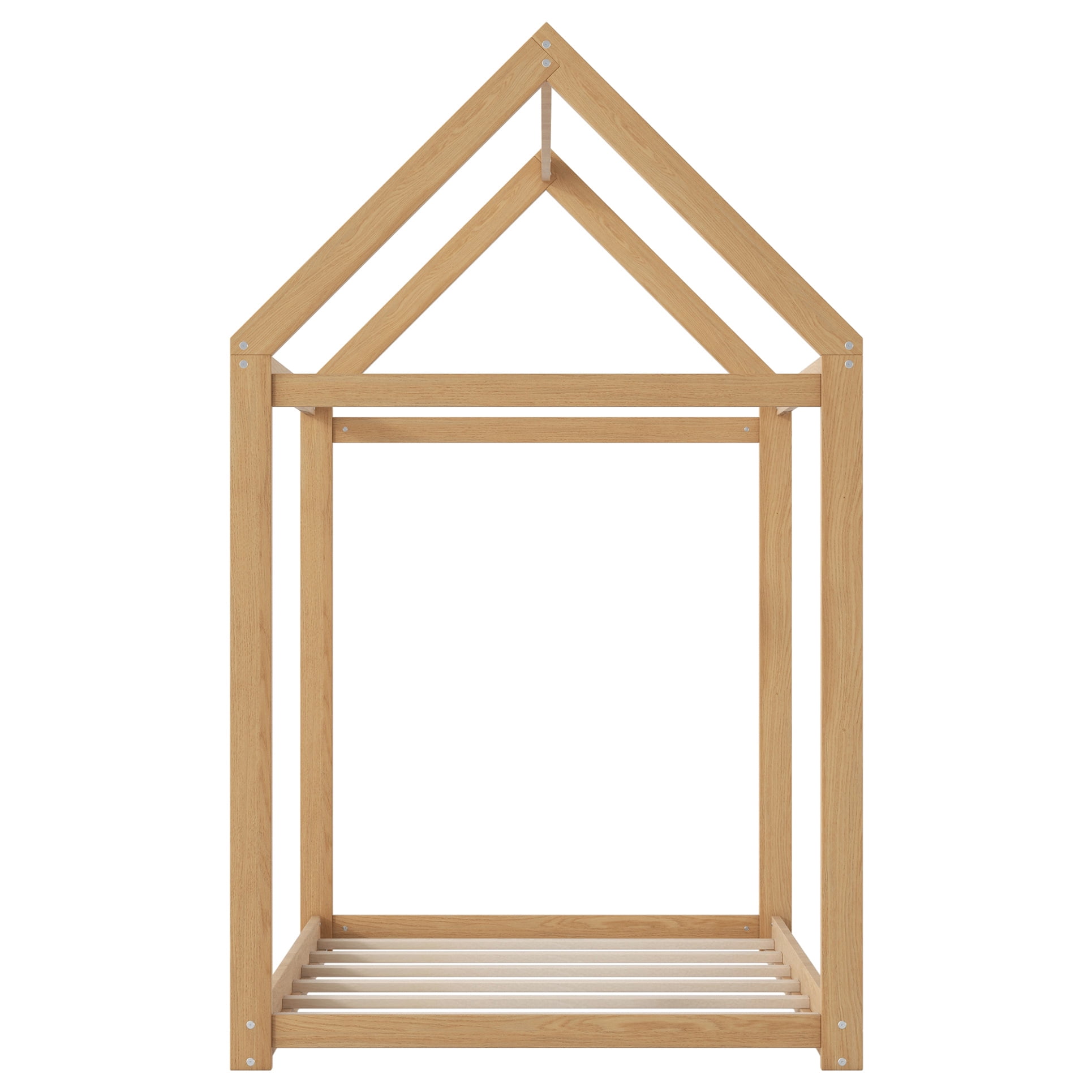 Twin House Bed, Wood Montessori Bed Frame with House Roof Canopy, Low Floor Bed with Sturdy Wood Slat Support for Kids Boys Girls, 400LBS Weight Capacity, No Box Spring Needed, Wood