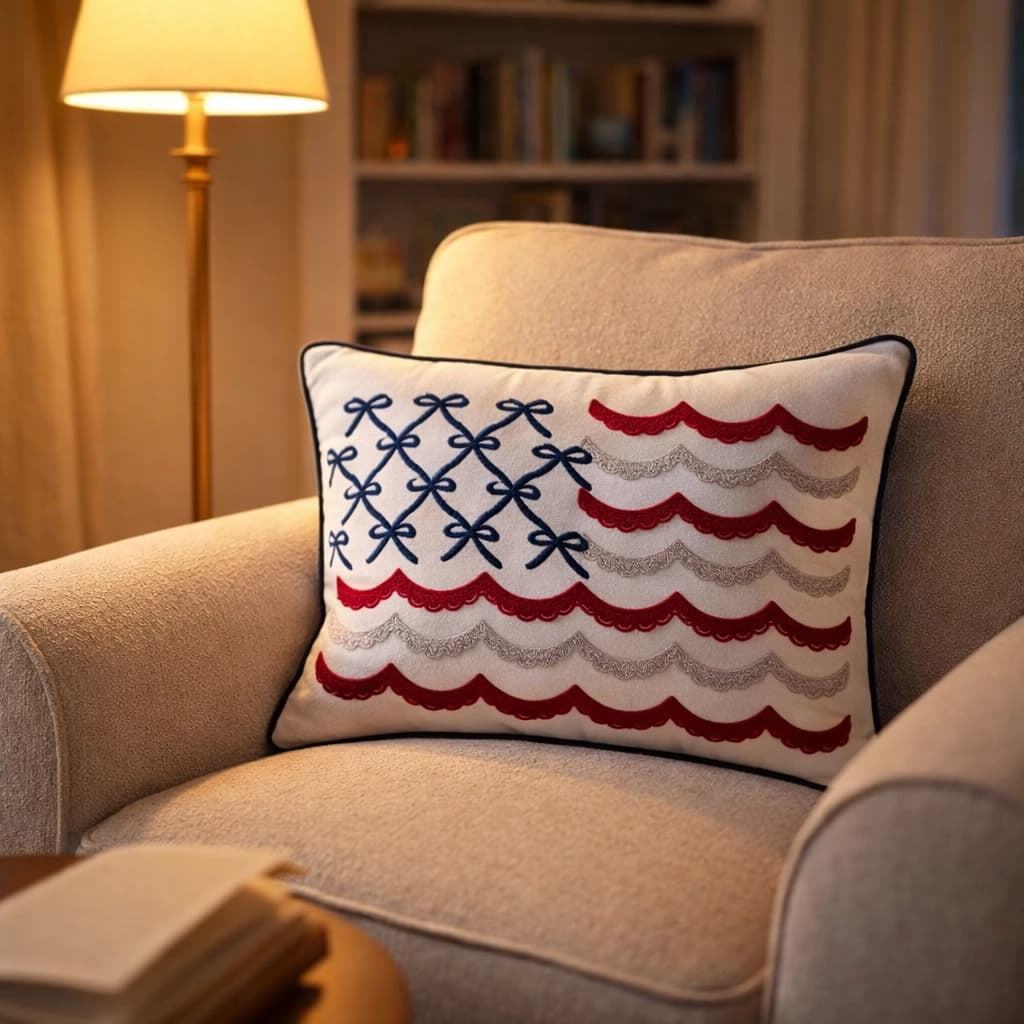 Bow Flag 4th of July Decorative Pillow, Red White and Blue Patriotic Pillows, 19.5" X 14" USA Throw Pillows for Couch, Living Room, Bed, Outdoor