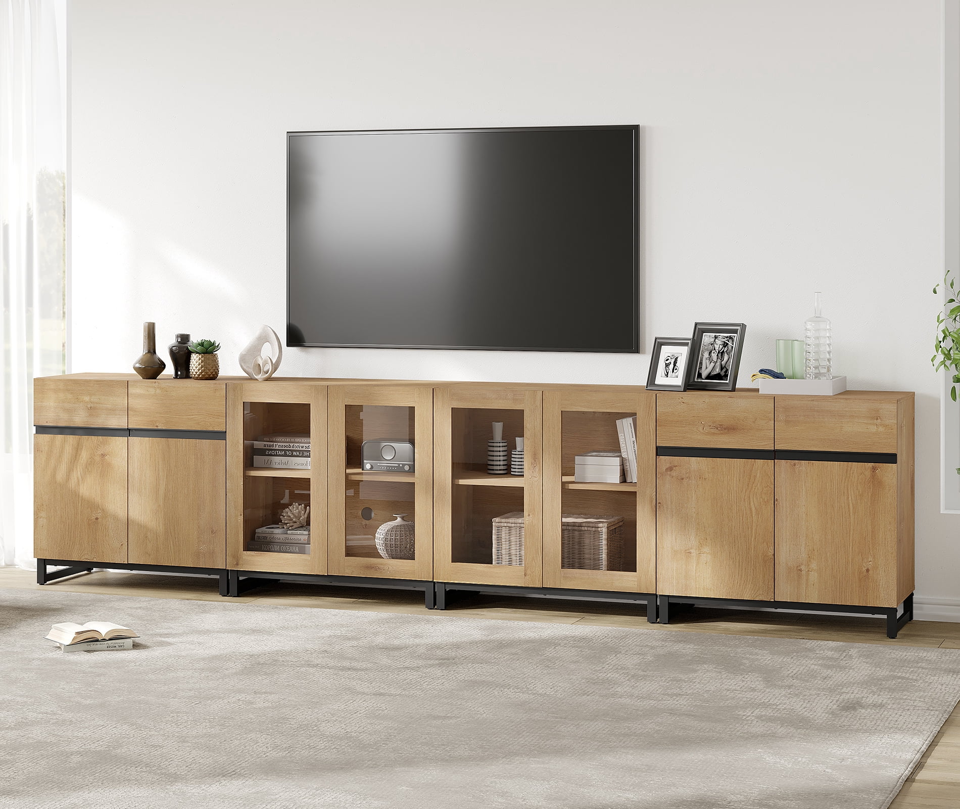 4 In 1 TV Stand For Tvs Up To 120 Inches, Modern Entertainment Center With Glass Doors And Metal Legs, TV Console With Adjustable Shelf For Living Room, Bedroom,Oak