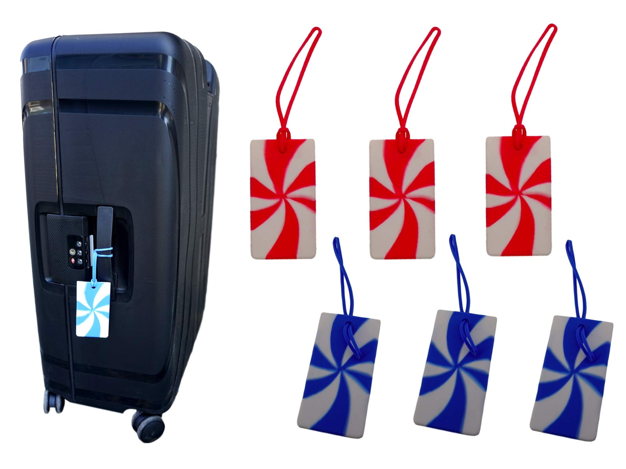 Luggage ID Tags (6 Pack, 3 Blue and 3 Pink Swirl, 2 x 4 in) Silicone Durable Travel Suitcase Labels Gym School Bag