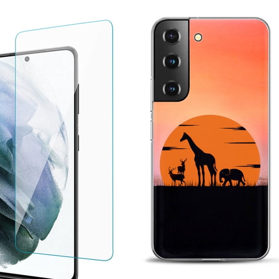 Slim-Fit Fashion Gel Phone Case for Samsung Galaxy S22  5G / S22 Plus 5G, with Tempered Glass Screen Protector, by OneToughShield ® - Sunset Safari