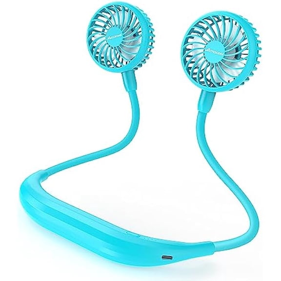 FU1999 Neck Fan Battery Operated Neckband Fan Hand-Free Wearable Personal Fan for Hot Flashes Home Office Travel Outdoor Sports (Aqua Blue)