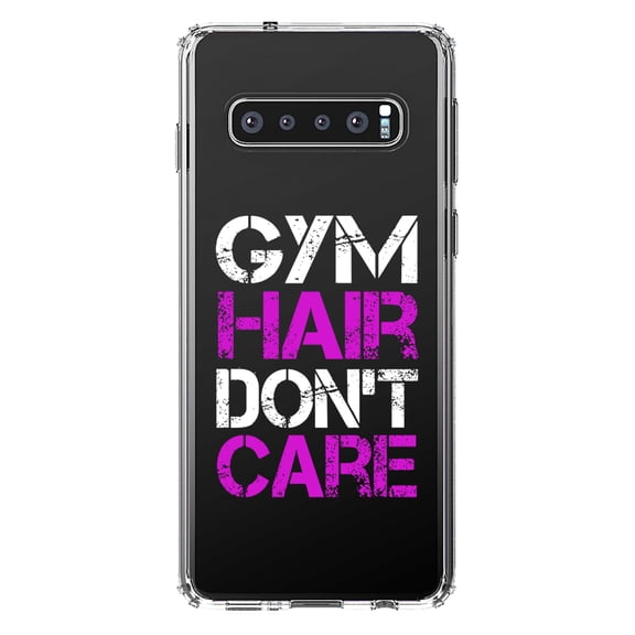 DistinctInk Clear Shockproof Hybrid Case for Samsung Galaxy S10  PLUS (6.4" Screen) - TPU Bumper Acrylic Back Tempered Glass Screen Protector - Gym Hair Don't Care