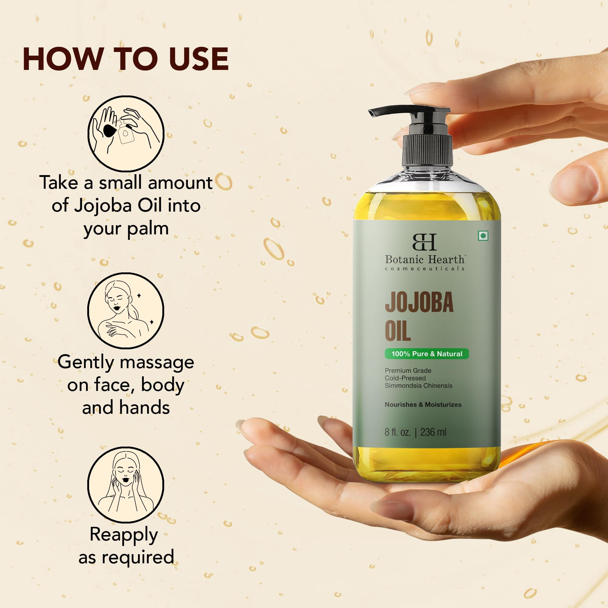 Botanic Hearth Jojoba Oil (8 fl oz) | 100% Pure & Natural, Cold-Pressed, Lightweight Moisturizer for Skin, Hair, Face, Scalp & Nails | Non-Greasy, Hexane-Free, Premium Grade Oil