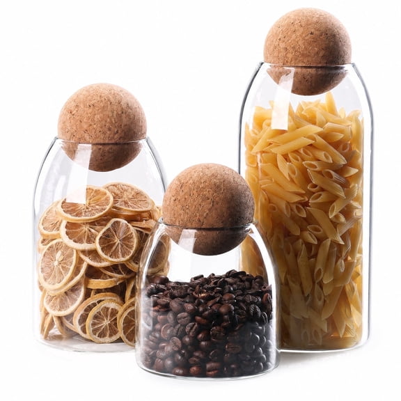 Borosilicate Glass Food Storage Jars, 3 pack with Airtight Cork Ball Lid, Round Clear Canister Container Set for Coffee Tea Sugar Flour Candy Pantry Kitchen