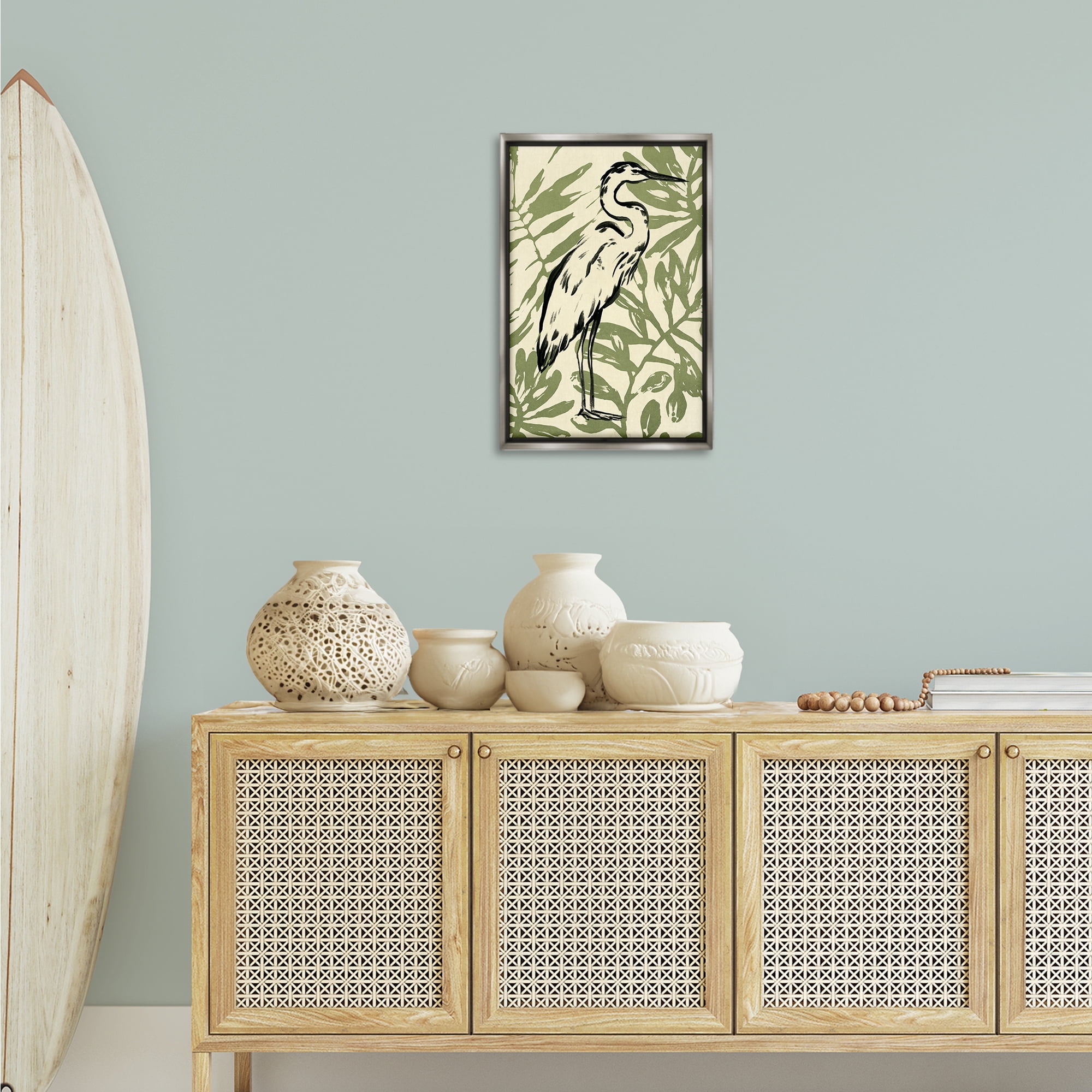 Stupell Industries Tropical Leaves & Bird Animals & Insects Painting Gray Floater Framed Canvas Art Print Wall Art, 17 x 25