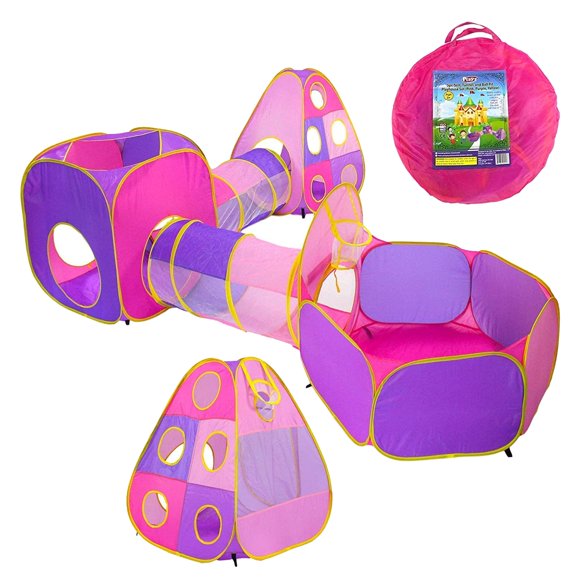 Playz Tienda de campaña para niños de 5 piezas, piscina de bolas con aro de baloncesto y túnel de juego para niños pequeños, bebés, niños, niñas y niños, paquete de casa de juegos emergente para inter